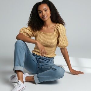 BB Dakota Mustard Gingham Puff Sleeve Blouse